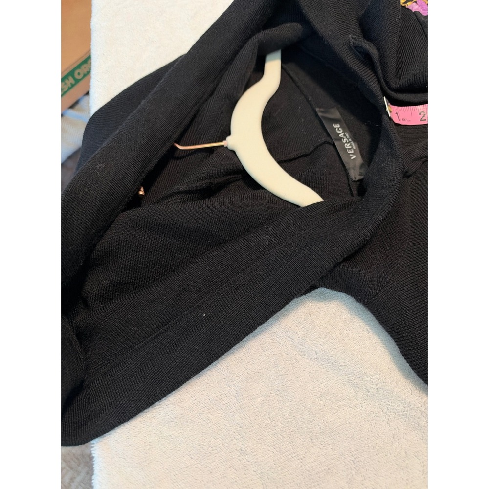 Versace Silk Scarf Paneled Hoodie Womens 38 Black Baroque Knit Pullover - Picture 11 of 14